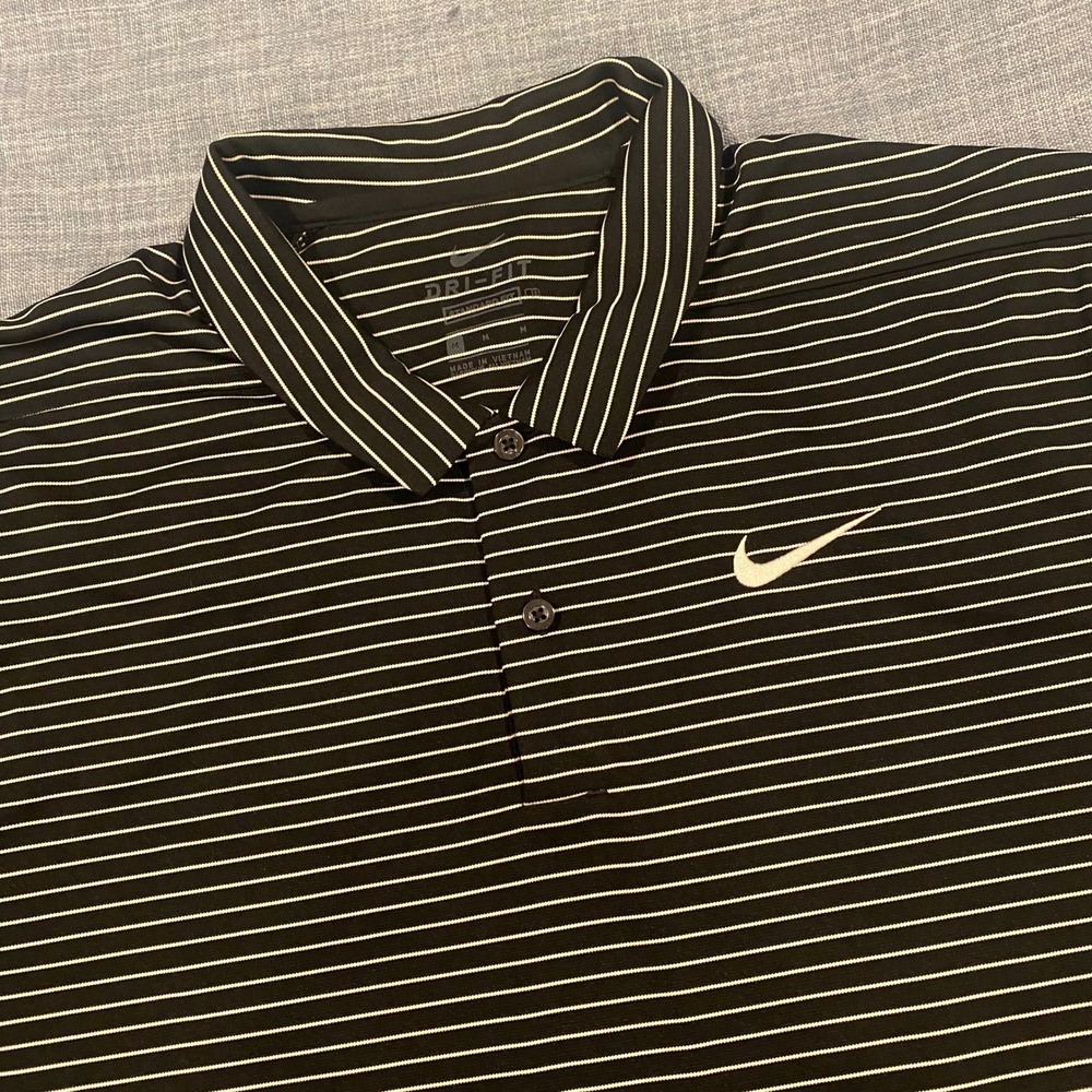 Nike Mens Dri-FIT Polo Shirt Black White Striped Short Sleeve Golf Top Size M
